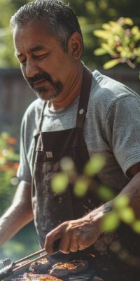 action shot, grilling, middle-aged Hispanic man, backyard, sunny day, photorealistic, high resolution --ar 16:9 --stylize 270 Job ID: 0338b070-277e-410f-b998-10d0ae89bc88